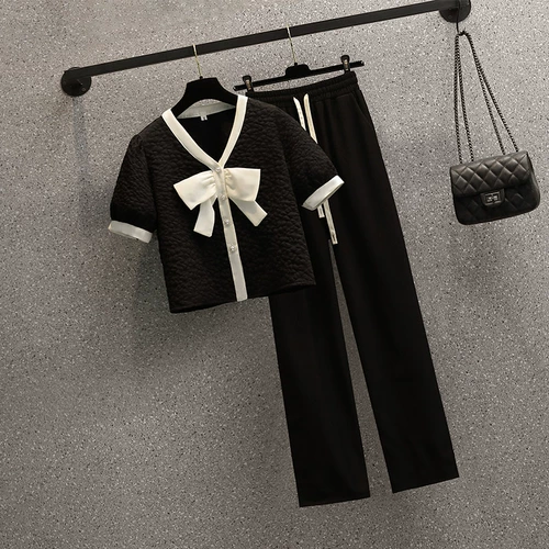 Летняя рубашка с бантиком, штаны, комплект, большой размер, коллекция 2022, подходит для полных девушек, короткий рукав, эластичная талия