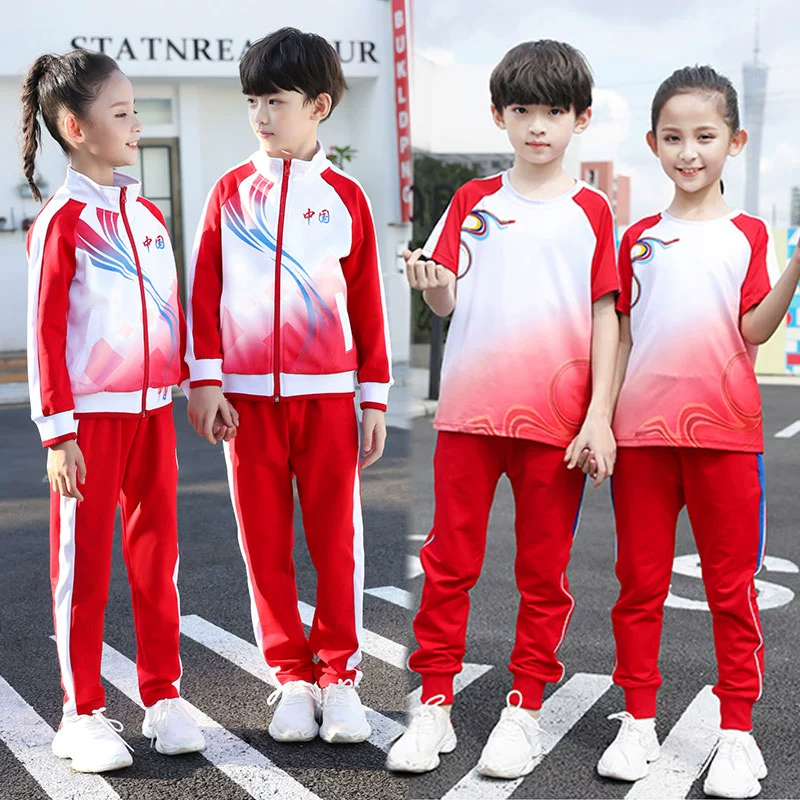 Đồng phục học sinh tiểu học hè 2020 mới màu đỏ kiểu quần áo Trung Quốc 3 bộ quần áo thể thao mùa xuân và mùa thu - Đồng phục trường học / tùy chỉnh thực hiện