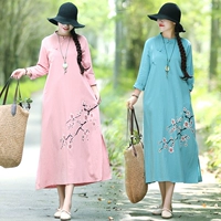2018 mùa thu mới phong cách Trung Quốc cotton và vải lanh văn học retro khóa Tang phù hợp với zen dài tay giản dị váy liền thân dáng dài