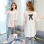 Phụ nữ mang thai Áo thun dài tay phiên bản Hàn Quốc của các mẫu thời trang sọc 2019 mới xuân và thu đông mẹ phù hợp với đồ cotton nữ - Áo thai sản váy bầu mùa hè