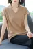 Áo thun cotton và vải lanh ngắn tay mùa hè nữ 2019 mới cho phụ nữ buông cổ chữ V áo len lụa tay dài nửa băng - Áo phông