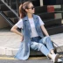 Mùa xuân và mùa hè phiên bản Hàn Quốc cộng với phân bón XL 200 pounds chất béo mm dài đoạn sequin denim vest vest vest vest nữ