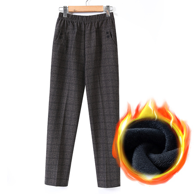 Grey Check [Winter Super Soft Velvet]Middle aged and elderly Women's trousers Autumn and winter Elastic waist High waist Plush thickening easy Wear out keep warm trousers old age mom trousers