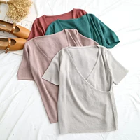 M4-3 Thiên Thần cửa hàng mùa xuân và mùa hè mới đôi V-Cổ ngắn tay áo sơ mi nữ loose hoang dã knit top 38637 khoác cardigan