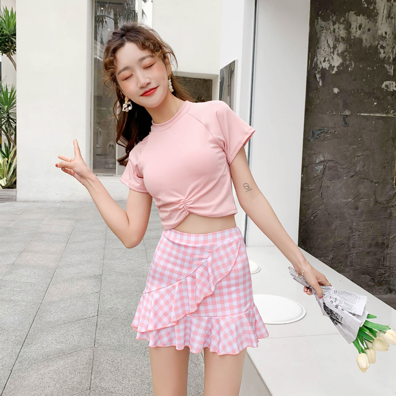 Pink 80942021 new pattern Swimsuit female Split body Two piece set Skirt style Flat angle conservative Show thin student Ins wind hot spring Swimming suit