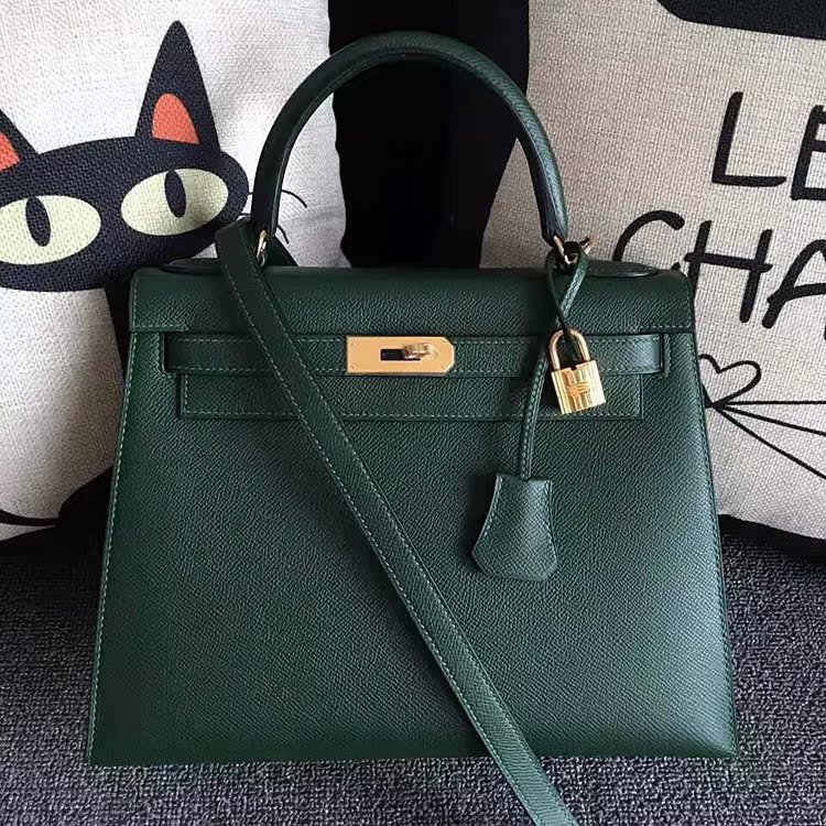 28Cm Dark Green & Gold Button & Handmade25cm28cm32cm Outer seam Kelly bag All by hand Wax thread  female Satchel genuine leather Female bag female handbag
