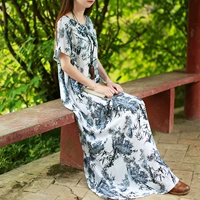 Летнее ретро платье, этническое ципао, длинная юбка, из хлопка и льна, в цветочек, оверсайз, этнический стиль