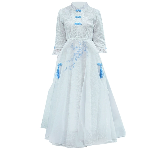 Кружевное ципао, ретро платье, наряд маленькой принцессы, с рукавом