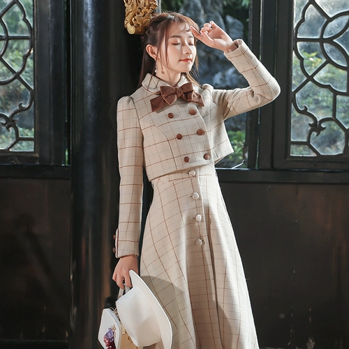 Шерстяной осенний демисезонный комплект, ретро приталенная куртка, платье без рукавов, увеличенная толщина