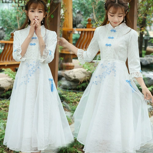 Кружевное ципао, ретро платье, наряд маленькой принцессы, с рукавом