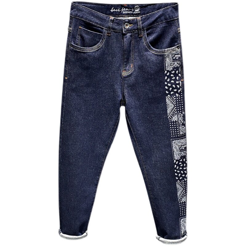 High-end natural-color printed jeans for men, 2022 autumn new Korean style, versatile, elastic, casual and slimming skinny pants Item Picture