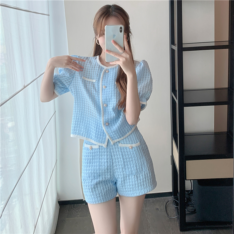 Blue ShortsRoyal sister model suit female summer 2021 new pattern Celebrity style Age reduction jacket High waist Show thin Broad legs shorts Two piece set