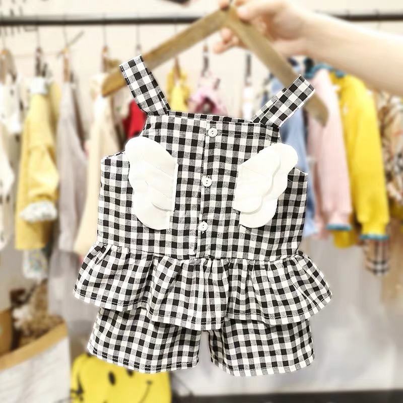 Black (Small Wings)Children's wear 2021 summer new pattern children lattice suit girl baby Foreign style wing Halter tops shorts Two piece set