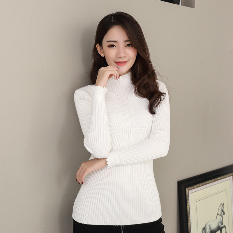 套头毛衣女短款春装韩版2017春季女装荷叶边修身长袖打底衫针织衫毛