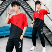 2019 mới phù hợp với trang phục nam mùa hè màu sắc rộng kích thước lớn Phiên bản Hàn Quốc khâu thể thao nam hai mảnh - Bộ đồ