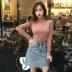 Áo thun nữ tay dài mùa thu 2018 phiên bản mới của Hàn Quốc có cổ cao dây kéo trái tim áo thun mỏng thời trang hoang dã