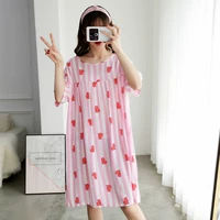 Kích thước lớn cotton nhân tạo lụa mùa hè váy ngủ ngắn tay Hàn Quốc đồ ngủ lỏng lẻo chị béo phụ nữ mang thai dịch vụ nhà nữ - Đêm đầm đầm ngủ 2 dây