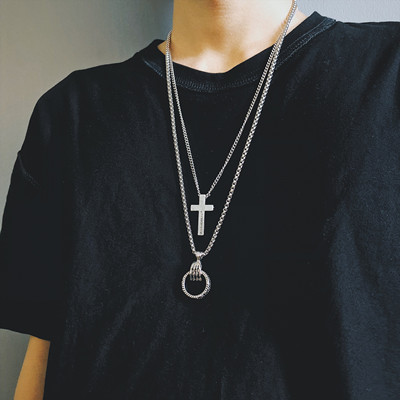 Ring Necklace + Cross Necklace (Art Box)Chaozhou people hiphop Ring Necklace ins Tuku Europe and America disco dancing men and women tide Tiktok Pendants Hip hop multi-storey Accessories