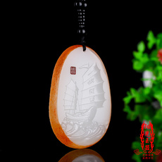 Украшения на шею 天然阿富汗白玉原石雕刻一帆风顺 吊坠 玉坠项链玉佩礼物