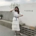 Hàn Quốc phiên bản của tính khí vòng cổ ngắn tay bánh váy váy thời trang hoang dã màu rắn vòng cổ tie eo một từ váy thủy triều