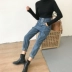 Thời trang nữ mùa thu retro eo cao thon thả lỏng giản dị quần jeans thẳng harem quần thủy triều với thắt lưng shop quần áo nữ Quần jean