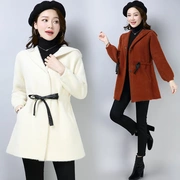 Mùa thu nhung mới áo khoác nữ thời trang Hàn Quốc eo ngọt ngào và mỏng trùm đầu len dài đan áo len thủy triều