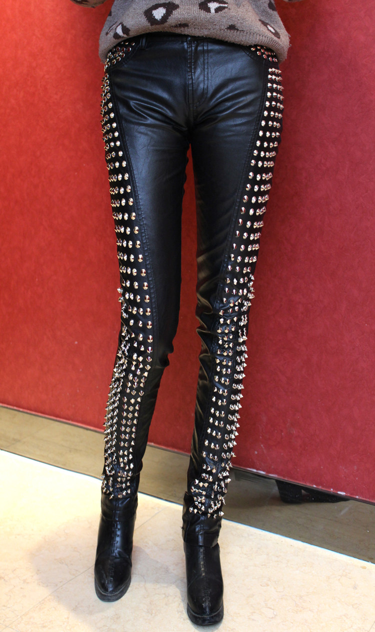 欧美摇滚原创重工金属铆钉修身超显瘦夜店装长皮裤小脚裤