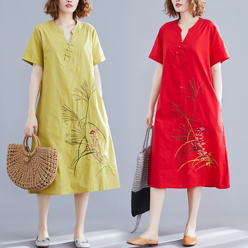 Trung Quốc phong cách cổ điển thêu váy phong cách dân tộc mới của phụ nữ nghệ thuật cotton và vải lanh ngắn tay lỏng lẻo váy dài trung bình - Váy dài