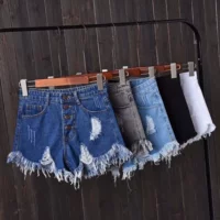 Cao eo lỗ quần short denim nữ sinh viên cạnh thô chân rộng chất béo mm200 kg lỏng cộng với phân bón XL một từ hot quần chân váy bò