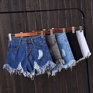 Cao eo lỗ quần short denim nữ sinh viên cạnh thô chân rộng chất béo mm200 kg lỏng cộng với phân bón XL một từ hot quần