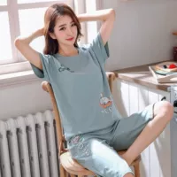 Bộ đồ ngủ nữ mùa hè cotton ngắn tay bảy quần sinh viên hai mảnh phiên bản Hàn Quốc dễ thương có thể mặc mùa hè dịch vụ gia đình mỏng quần áo ngủ