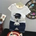 Chàng trai mùa hè phù hợp với 2018 mới trẻ em Hàn Quốc sọc cotton ngắn tay T-Shirt + quần short denim hai mảnh phù hợp với