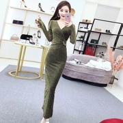 Phụ nữ mùa thu đông 2018 mới của phụ nữ khí chất Hàn Quốc V-cổ dài tay Slim túi xẻ hông váy dài váy nữ