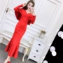 2018 mới mùa thu và mùa đông phụ nữ Hàn Quốc tính khí ladies cloak V-Cổ đoạn dài slim bag hip đuôi cá ăn mặc mẫu váy nhung đẹp