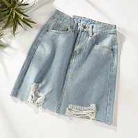 Chị em câu chuyện 2018 mùa hè mới eo cao lỗ denim váy nữ Một từ túi hip váy 6601-12 chân váy dài