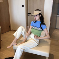 Mùa hè Hàn Quốc chic nhỏ đứng cổ áo đoạn ngắn màu xanh màu xanh lá cây màu sắc tương phản sọc ngắn tay áo len mỏng thời trang bị rò rỉ rốn T áo cardigan nữ