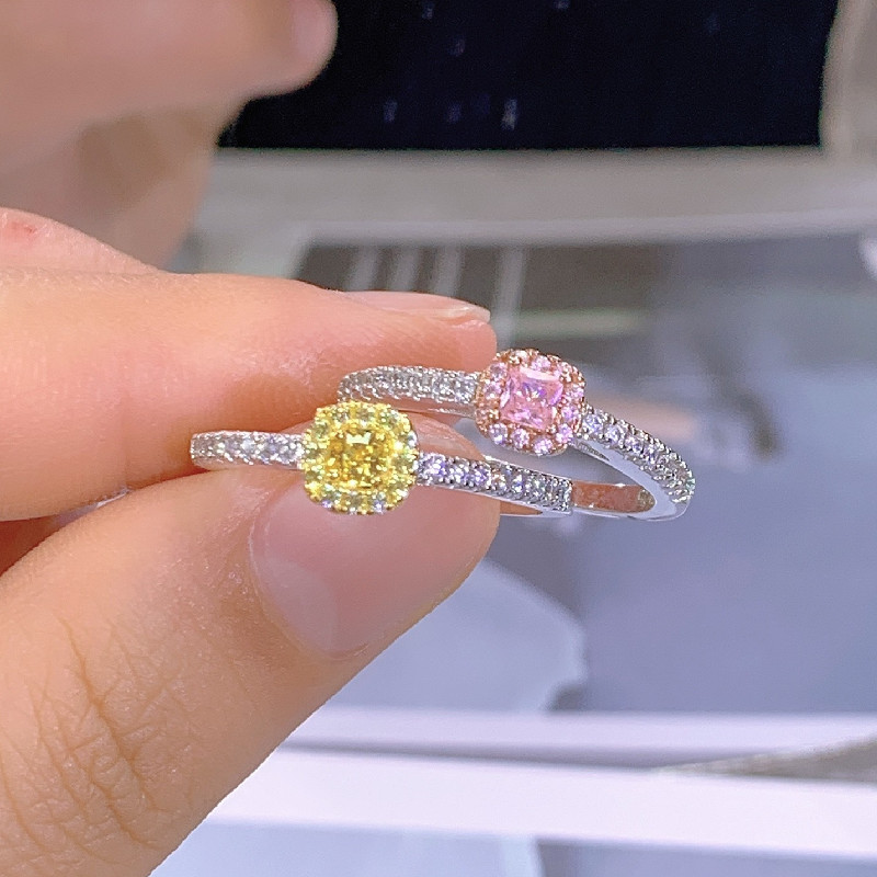 French Entry Luxury Yellow Diamond Ring Women's Pink Small Square Sugar Diamond Ring Fine 1 karat Square Diamond Simulation Diamond Zircon Group Set