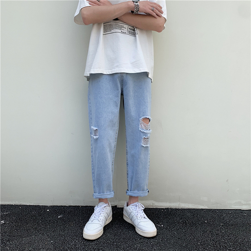 Summer ulzzang Vintage hole 9-point jeans for men's Korean Trend and students' straight tube fashion casual pants