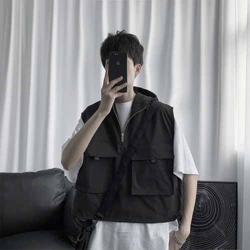 Summer ins solid color hooded sleeveless tooling vest men's Korean version loose casual hip hop Pullover vest