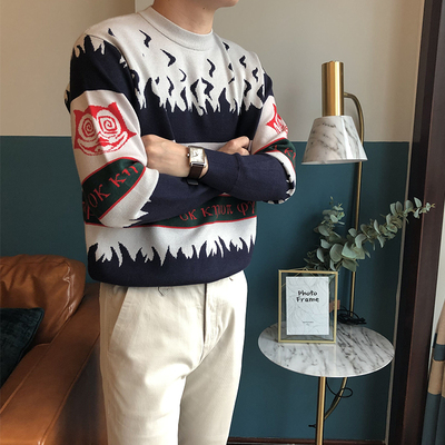 Quần áo nam Ma Kết Hàn Quốc Dongdaemun Devil phim hoạt hình áo len jacquard nam cá tính xu hướng màu áo len thủy triều - Áo len