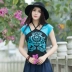 Phong cách dân tộc nữ mùa hè mới phong cách Trung Quốc retro Áo thun cotton ngắn tay cotton kích thước lớn in dây hàng đầu