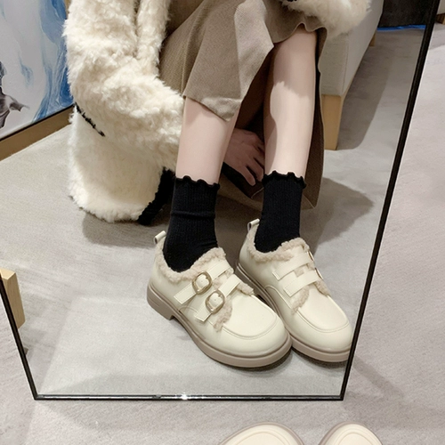 Лоферы, зимняя обувь, утепленные удерживающие тепло туфли на платформе, ремень, черная пряжка для кожаной обуви, 2023