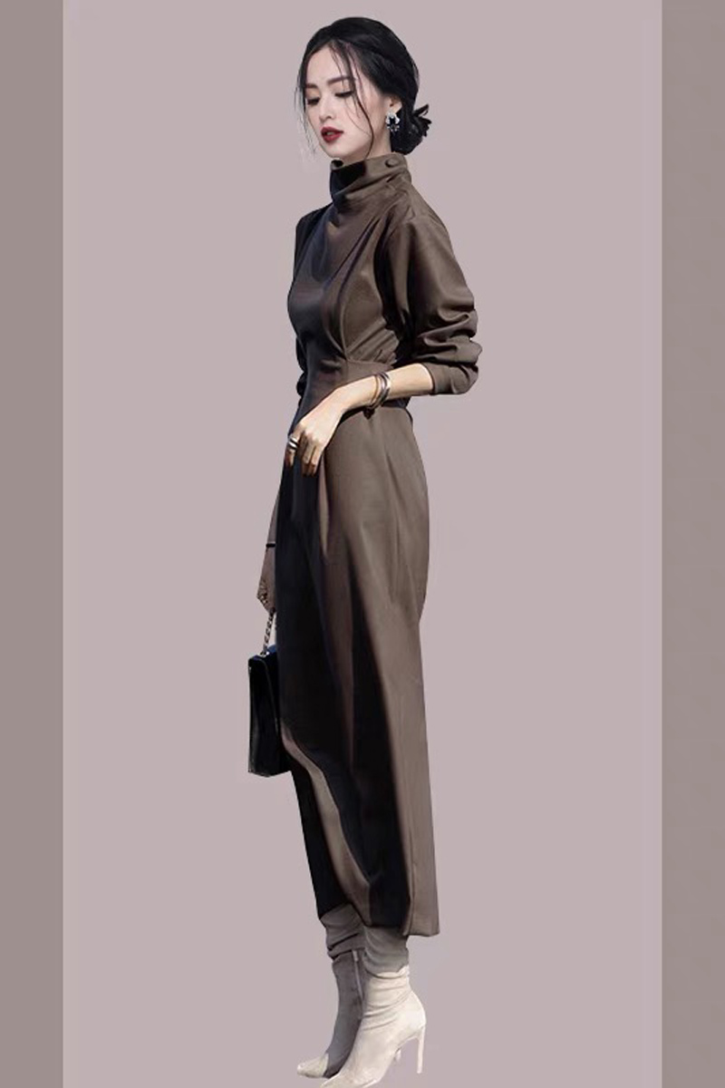 Gao Leng Yujie Style High Neck Long Sleeve Wool Dress Women's Fall/Winter French Backing Long Dress with Coat Fashion