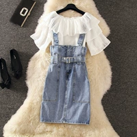 Джинсовая юбка, летний комплект, шифоновое платье, короткий рукав, в западном стиле, подходит для подростков