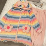 Коралловая бархатная демисезонная японская брендовая пижама, радужный милый фланелевый длинный банный халат, комплект