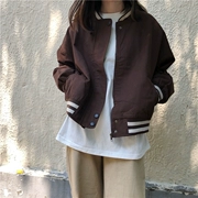 Phiên bản Hàn Quốc của mùa thu đại học gió lỏng bat dài tay sọc dây kéo áo khoác ngắn học sinh mỏng áo khoác bóng chày