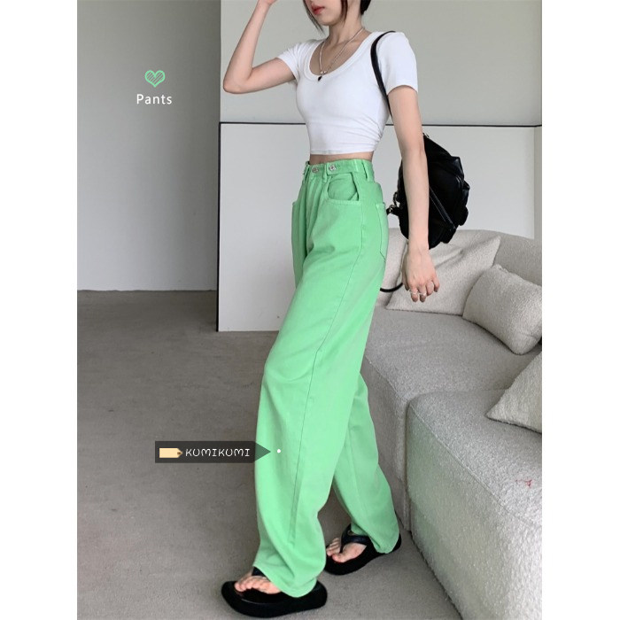绿色牛仔裤女直筒裤子夏季设计感高腰显瘦宽松彩色阔腿裤拖地长裤