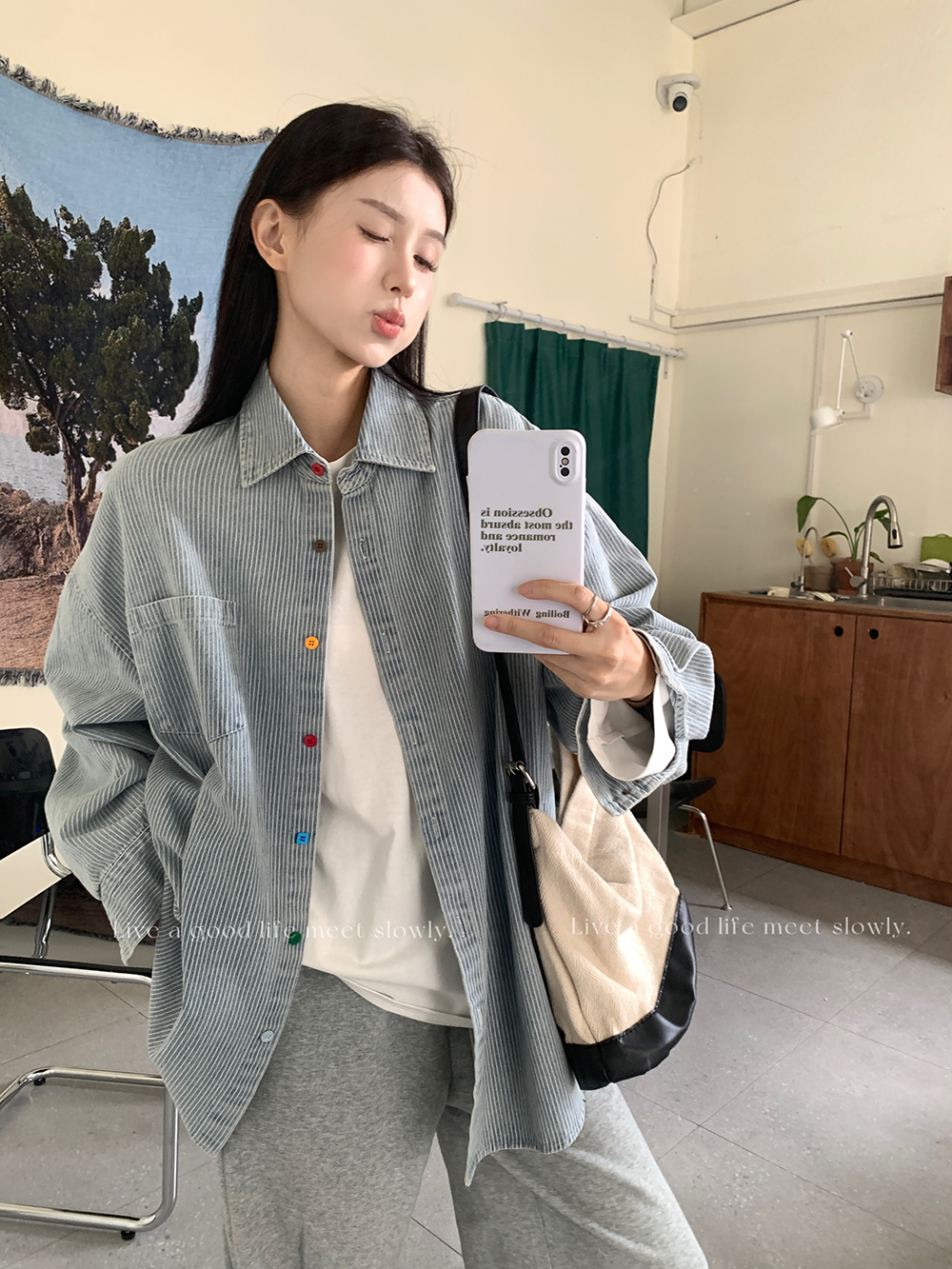 kumikumi Design Sense Colorful Button Laps Shirt Coat Women's Autumn Hong Kong-style Striped Mid-length Top