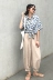 Hàn Quốc phiên bản của kỳ nghỉ lỏng lông in áo sơ mi ngắn tay + màu rắn đàn hồi cao eo hoang dã đèn lồng chùm quần bộ