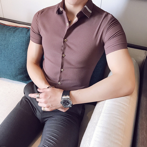 【地平线男装】新款细条纹修身男士短袖衬衫
